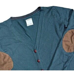 Pull & Bear Sweater Womens Small Green Cardigan V-Neck Long Sleeves Elbow patch